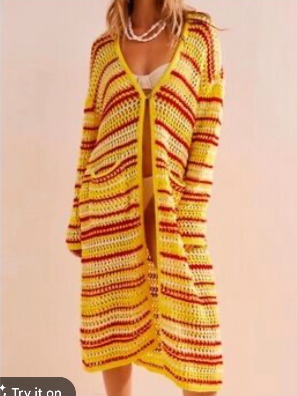 Women’s fp free people Crochet Open Cardigan - Yellow & Red Stripe chiefs colors